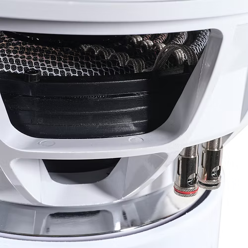 Audio Ace Jester subwoofer up close look at the spiders and push terminals 
