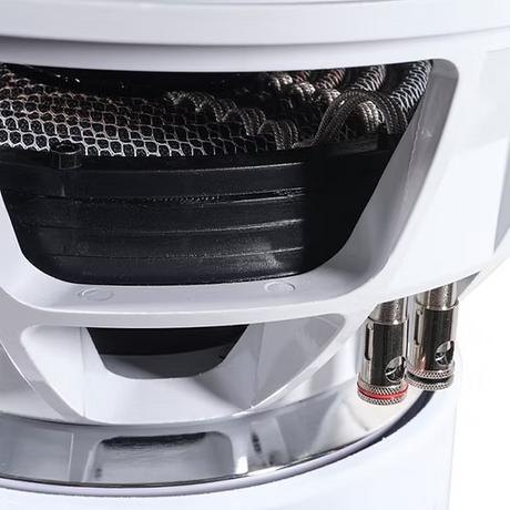 Audio Ace Jester subwoofer up close look at the spiders and push terminals 