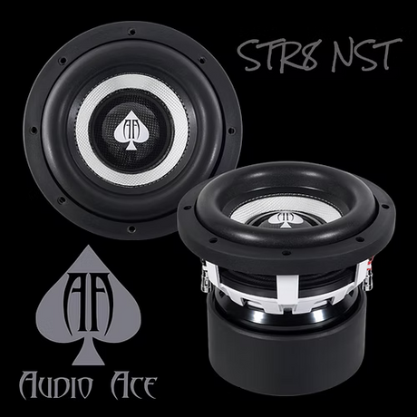Two Audio Ace speakers with visible branding on a black background