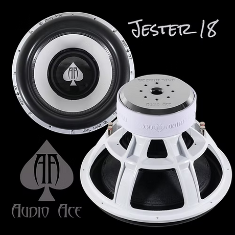 Two subwoofer speakers with 'Audio Ace' branding on a black background