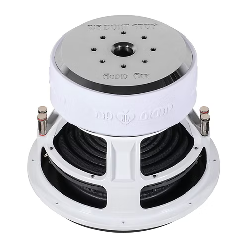 Moter view of the audio ace jester subwoofer showing 2 sets of siliver push terminals 
