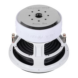 Moter view of the audio ace jester subwoofer showing 2 sets of siliver push terminals 
