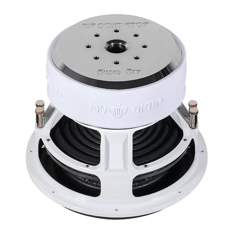 Moter view of the audio ace jester subwoofer showing 2 sets of siliver push terminals 
