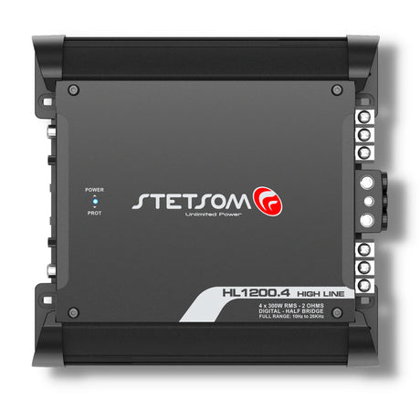 Stetsom HL 1200.4 High Line 4-Channel Car Amplifier – Compact Class D design, 1200W RMS full range power with front panel connections.