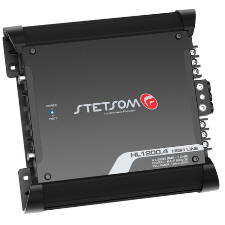 Stetsom HL 1200.4 High Line car amplifier – 1200W RMS Class D 4-channel design, durable black housing with Stetsom logo.