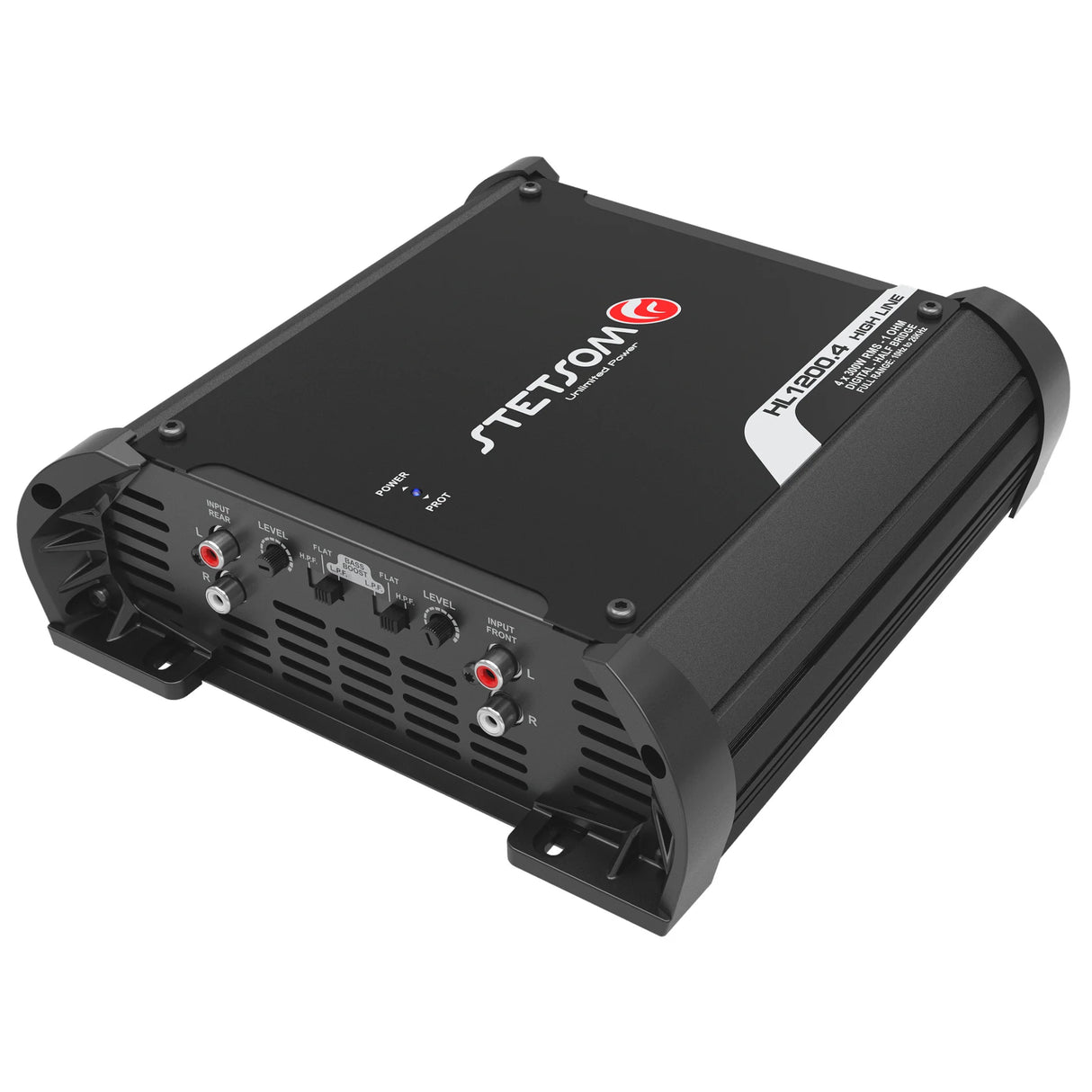 Stetsom HL 1200.4 4-Channel Digital Amplifier – compact and lightweight Class D amp with front RCA and crossover controls.