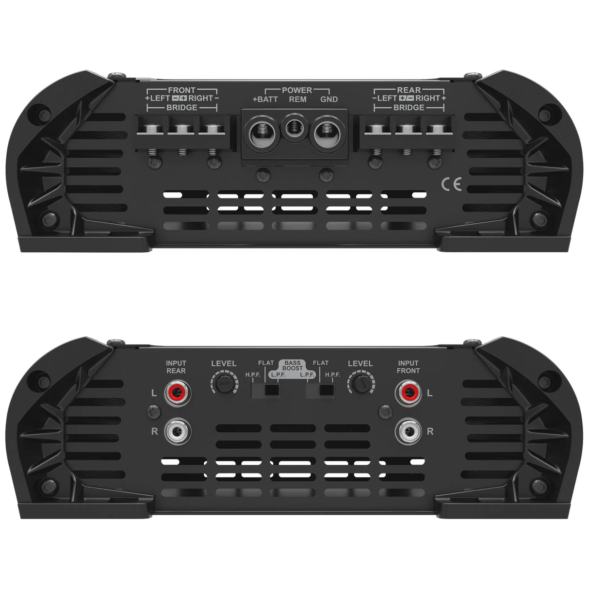 Stetsom HL 1200.4 rear panel – power, ground, remote, and speaker output terminals with bridgeable channel options. Stetsom HL 1200.4 amplifier input panel – RCA inputs, level controls, bass boost, and crossover switches for front and rear channels.