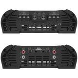 Stetsom HL 1200.4 rear panel – power, ground, remote, and speaker output terminals with bridgeable channel options. Stetsom HL 1200.4 amplifier input panel – RCA inputs, level controls, bass boost, and crossover switches for front and rear channels.
