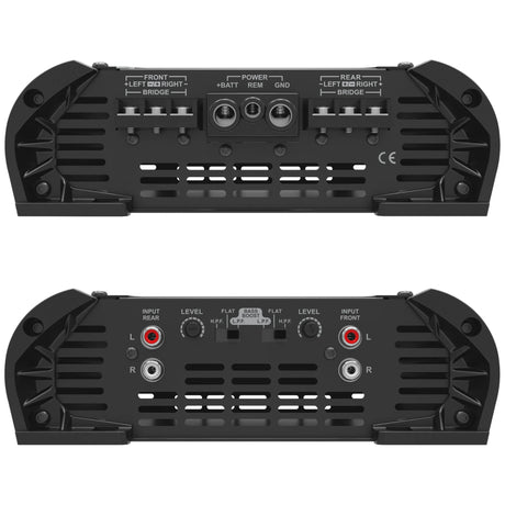 Stetsom HL 1200.4 rear panel – power, ground, remote, and speaker output terminals with bridgeable channel options. Stetsom HL 1200.4 amplifier input panel – RCA inputs, level controls, bass boost, and crossover switches for front and rear channels.