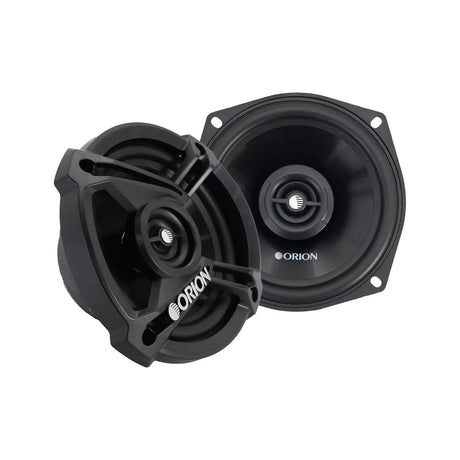 Orion CB52 5.25" coaxial speaker in a top-front angle, featuring a sleek black finish with the Orion logo across the bold three-spoke grille.