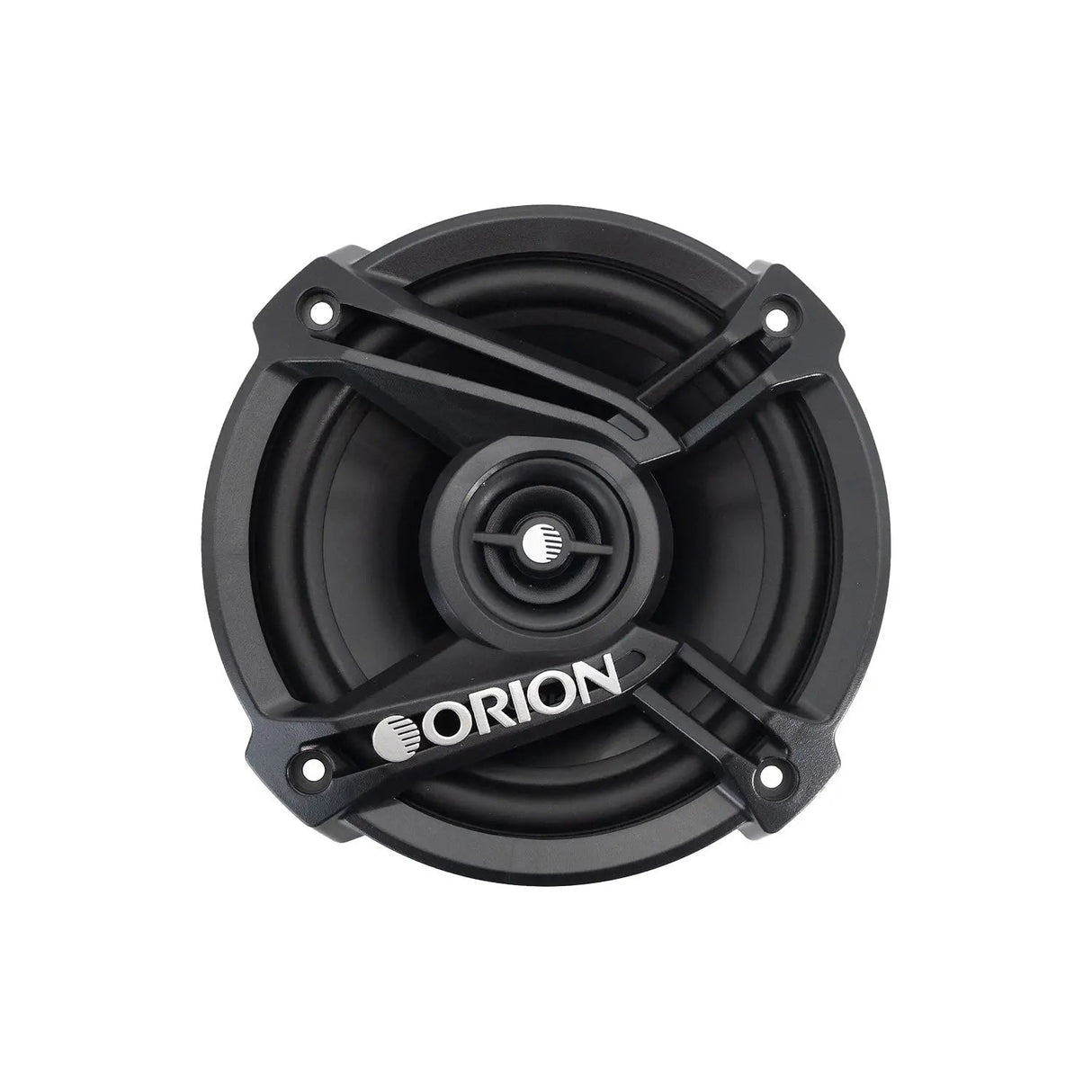 Alt text: Front view of the Orion CB52 5.25" speaker showcasing its smooth black cone, integrated tweeter, and mounting holes for easy installation.

