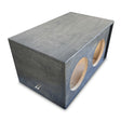 Basshead Supply Dual 10" Net Ported Enclosure, featuring a gray stained finish, with visible subwoofer cut outs and ported design.