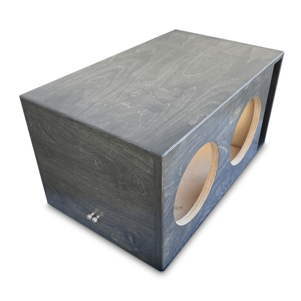 Basshead Supply Dual 10" Net Ported Enclosure, featuring a gray stained finish, with visible subwoofer cut outs and ported design.
