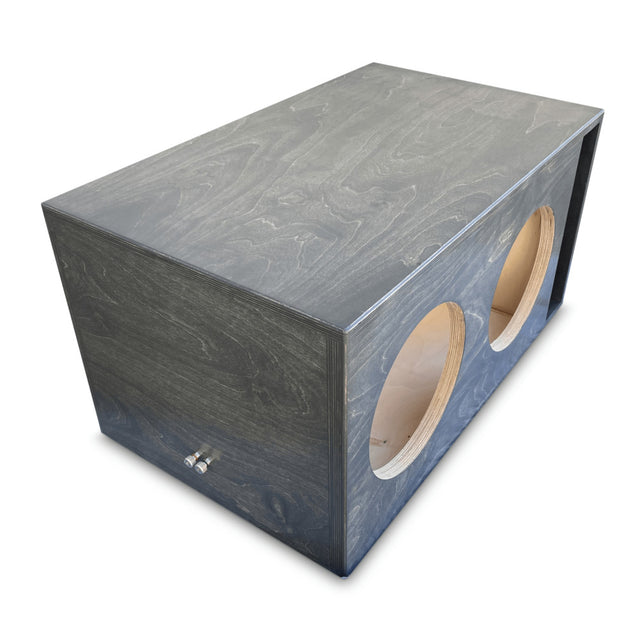 Basshead Supply Dual 10" Net Ported Enclosure, featuring a gray stained finish, with visible subwoofer cut outs and ported design.