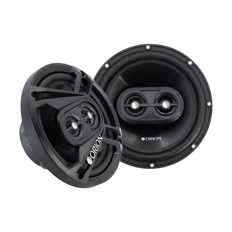 Product pairing view featuring two Orion CB653 6.5” speakers—one with grille on and one with grille off—highlighting both cosmetic and functional components in a side-by-side comparison.