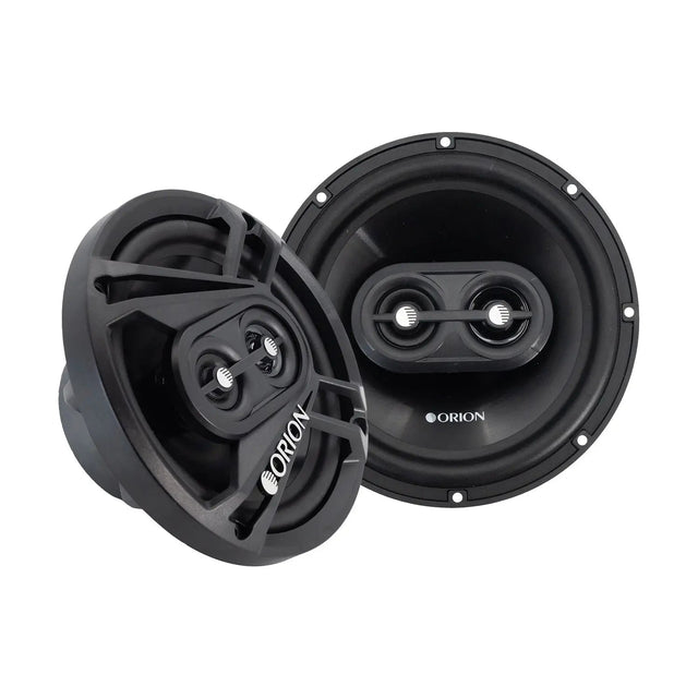 Product pairing view featuring two Orion CB653 6.5” speakers—one with grille on and one with grille off—highlighting both cosmetic and functional components in a side-by-side comparison.