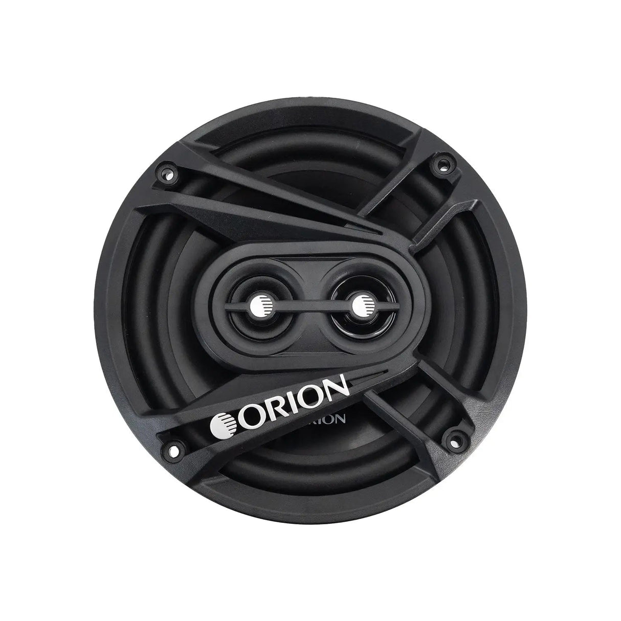 High-angle close-up of the Orion CB653 speaker with grille installed, showcasing its aggressive multi-spoke design and visible dual tweeters through the protective mesh.

