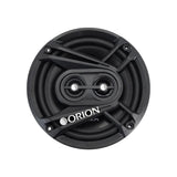 High-angle close-up of the Orion CB653 speaker with grille installed, showcasing its aggressive multi-spoke design and visible dual tweeters through the protective mesh.

