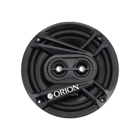 High-angle close-up of the Orion CB653 speaker with grille installed, showcasing its aggressive multi-spoke design and visible dual tweeters through the protective mesh.

