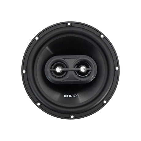 Side-angle shot of the Orion CB653 speaker without the grille, focusing on the dual dome tweeter configuration and precision-molded cone for detailed midrange and high-frequency output.

