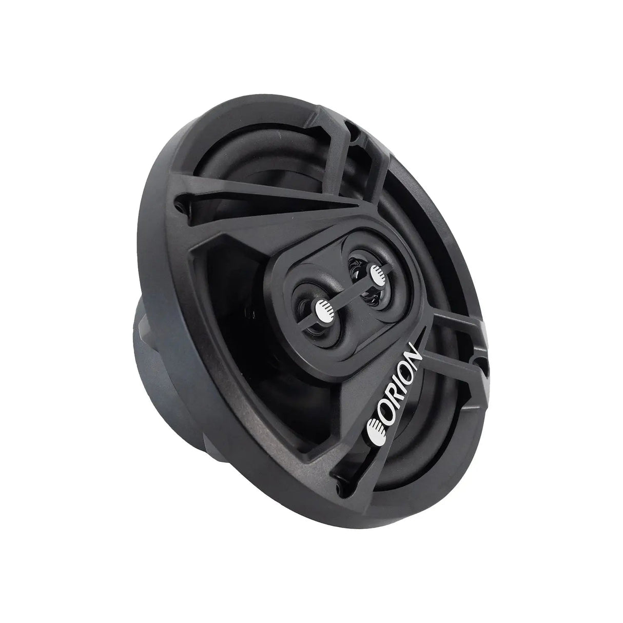 Angled front view of the Orion CB653 6.5” 3-way coaxial speaker, showcasing its black protective grille with Orion branding, dual tweeter assembly, and durable injection-molded cone.


