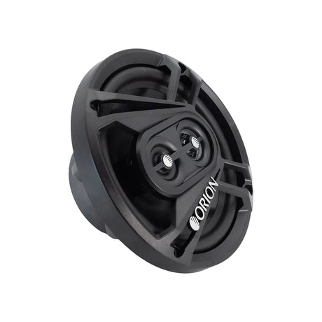 Angled front view of the Orion CB653 6.5” 3-way coaxial speaker, showcasing its black protective grille with Orion branding, dual tweeter assembly, and durable injection-molded cone.

