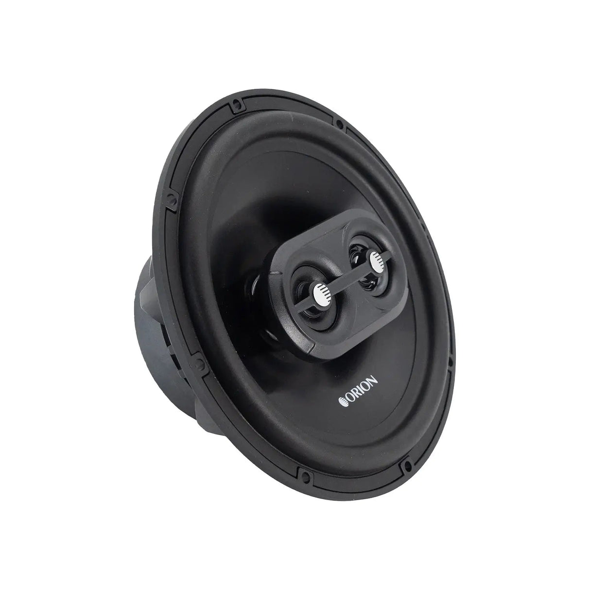 Clean front-facing shot of the Orion CB653 without the grille, revealing the dual dome tweeters and rigid polypropylene cone designed for crisp mids and highs.


