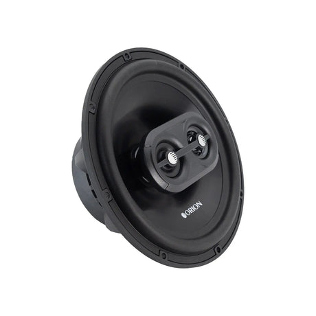 Clean front-facing shot of the Orion CB653 without the grille, revealing the dual dome tweeters and rigid polypropylene cone designed for crisp mids and highs.

