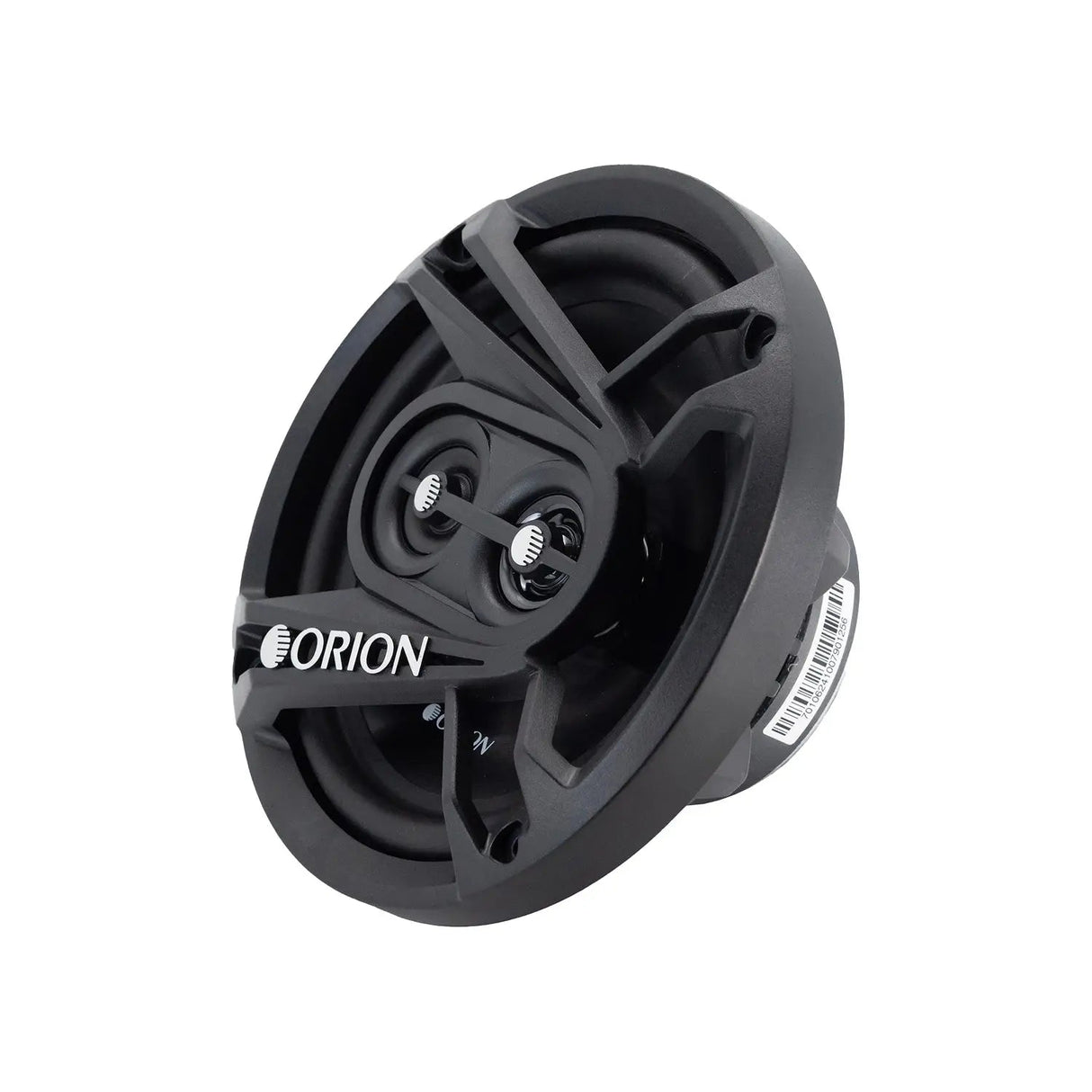 Angled front view of the Orion CB653 6.5” 3-way coaxial speaker, showcasing its black protective grille with Orion branding, dual tweeter assembly, and durable injection-molded cone.

