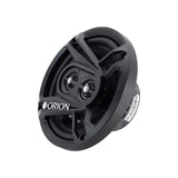 Angled front view of the Orion CB653 6.5” 3-way coaxial speaker, showcasing its black protective grille with Orion branding, dual tweeter assembly, and durable injection-molded cone.

