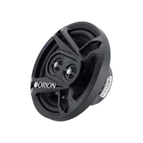 Angled front view of the Orion CB653 6.5” 3-way coaxial speaker, showcasing its black protective grille with Orion branding, dual tweeter assembly, and durable injection-molded cone.

