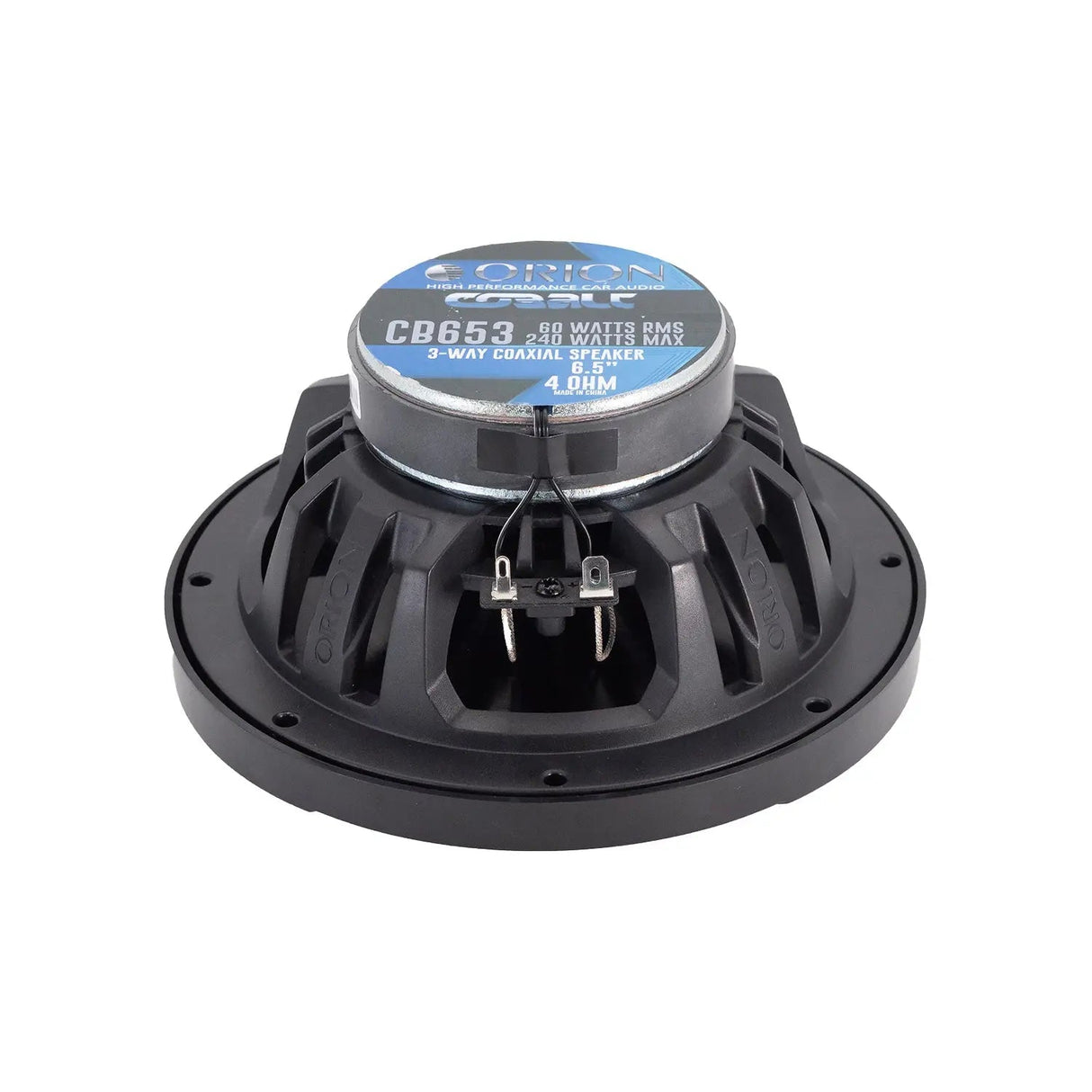 Low-angle side view of the Orion CB653 speaker, emphasizing its slotted steel frame and solid motor structure built for enhanced bass response.


