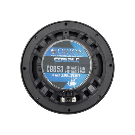 Straight-on side view of the Orion CB653 speaker’s mounting depth and magnet motor, showcasing clean terminal layout for secure wire connection.

