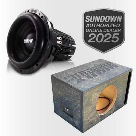 Sundown authorized online dealer badge with a subwoofer and enclosure on a white background