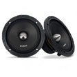 Close-up image of the Orion XTX654 6.5" 4-ohm midrange speaker. The speaker features a sleek black cone with a silver bullet phase plug at the center, surrounded by a sturdy black metal frame with six mounting holes. The Orion logo is prominently displayed on the dust cap, and the cone has a textured finish that adds to its aggressive, high-performance look. Ideal for LibertyBassShop.com product listings targeting car audio enthusiasts seeking clarity and power in their midrange setup.