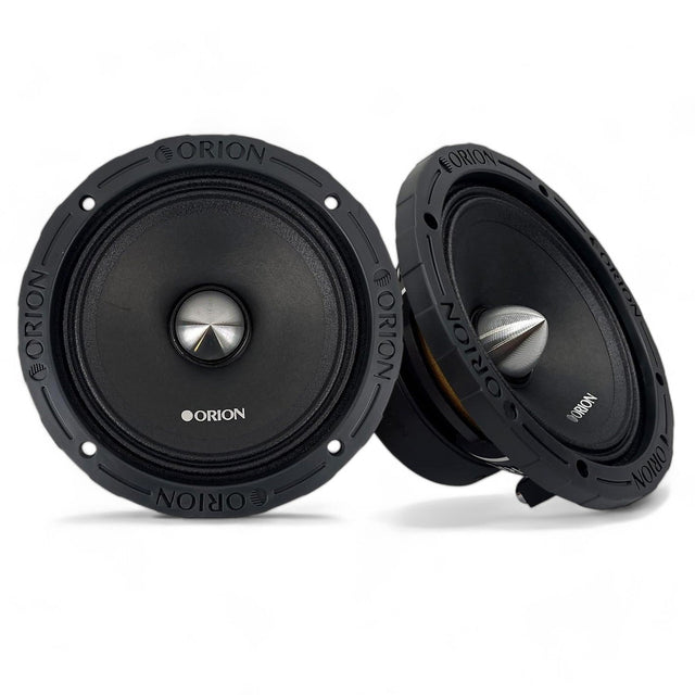 Close-up image of the Orion XTX654 6.5" 4-ohm midrange speaker. The speaker features a sleek black cone with a silver bullet phase plug at the center, surrounded by a sturdy black metal frame with six mounting holes. The Orion logo is prominently displayed on the dust cap, and the cone has a textured finish that adds to its aggressive, high-performance look. Ideal for LibertyBassShop.com product listings targeting car audio enthusiasts seeking clarity and power in their midrange setup.