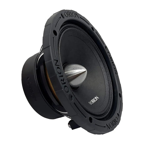 Angled side view of the Orion XTX654 6.5" midrange speaker, showcasing its robust black basket and deep motor structure. The image highlights the prominent silver bullet phase plug at the center of the cone, designed for optimal sound dispersion. The outer rubber surround is embossed with the “ORION” brand name, reinforcing its rugged, pro-audio aesthetic. Perfect for LibertyBassShop.com product listings aimed at serious car audio enthusiasts.
