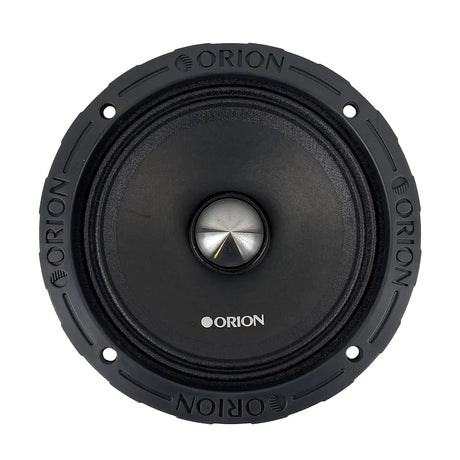 Side profile image of the Orion XTX654 6.5" 4-ohm midrange speaker. The speaker’s deep, vented motor structure and precision-cut black frame are clearly visible, emphasizing its heavy-duty build. The silver bullet phase plug and black pressed cone are partially visible from the angle, reinforcing the speaker’s high-performance design. Ideal for LibertyBassShop.com listings targeting customers focused on loud, clean midrange output with pro-grade construction.