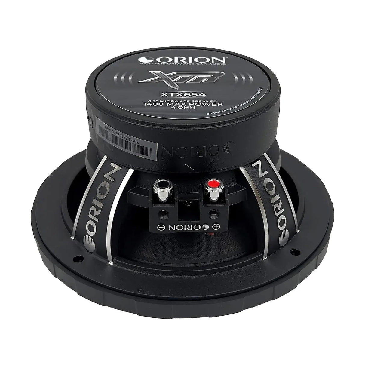 Top-down view of the Orion XTX654 6.5" 4-ohm midrange speaker, emphasizing the centered silver bullet phase plug and smooth black cone surface. The "ORION" branding is molded into the outer edge of the basket, and the symmetrical layout highlights the speaker's precision engineering. A clean, professional shot perfect for use on LibertyBassShop.com to showcase the speaker’s aesthetic and design quality.
