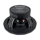 Top-down view of the Orion XTX654 6.5" 4-ohm midrange speaker, emphasizing the centered silver bullet phase plug and smooth black cone surface. The "ORION" branding is molded into the outer edge of the basket, and the symmetrical layout highlights the speaker's precision engineering. A clean, professional shot perfect for use on LibertyBassShop.com to showcase the speaker’s aesthetic and design quality.