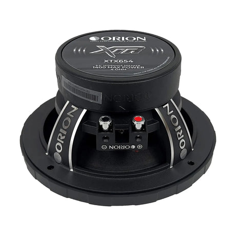 Top-down view of the Orion XTX654 6.5" 4-ohm midrange speaker, emphasizing the centered silver bullet phase plug and smooth black cone surface. The "ORION" branding is molded into the outer edge of the basket, and the symmetrical layout highlights the speaker's precision engineering. A clean, professional shot perfect for use on LibertyBassShop.com to showcase the speaker’s aesthetic and design quality.
