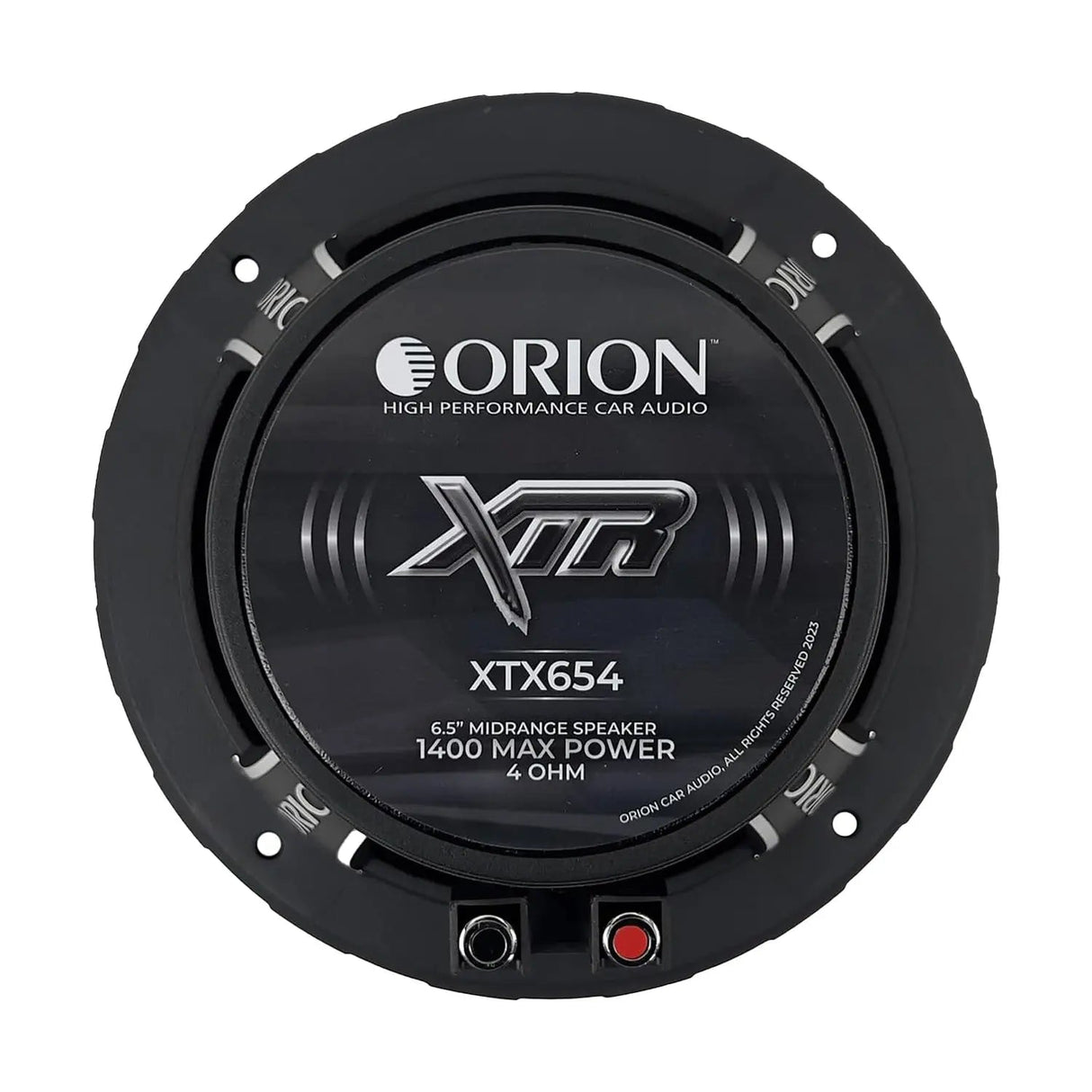 Angled rear-side view of the Orion XTX654 6.5" midrange speaker, capturing both the rear ferrite magnet assembly and part of the cone with its silver bullet phase plug. The image highlights the open basket design, rear cooling vents, and terminal connectors, giving a clear look at the speaker's power-handling and build features. Ideal for LibertyBassShop.com to show off the speaker's performance-ready construction.
