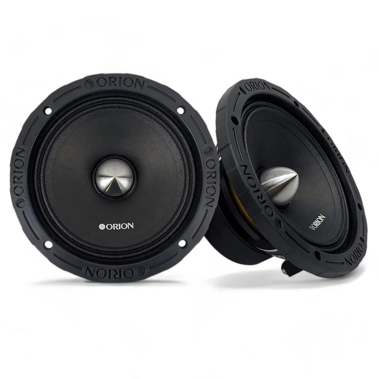 Close-up image of the Orion XTX658 6.5-inch 8-ohm midrange speaker. The speaker features a matte black cone with a prominent bullet phase plug in the center for improved sound dispersion. It has a durable cast aluminum basket with a vented design and visible mounting holes around the rim. The Orion branding is subtly visible on the dust cap, emphasizing the pro audio performance. The speaker is shown against a clean, white background, ideal for product listing on LibertyBassShop.com