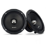 Close-up image of the Orion XTX658 6.5-inch 8-ohm midrange speaker. The speaker features a matte black cone with a prominent bullet phase plug in the center for improved sound dispersion. It has a durable cast aluminum basket with a vented design and visible mounting holes around the rim. The Orion branding is subtly visible on the dust cap, emphasizing the pro audio performance. The speaker is shown against a clean, white background, ideal for product listing on LibertyBassShop.com