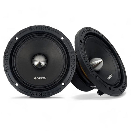 Close-up image of the Orion XTX658 6.5-inch 8-ohm midrange speaker. The speaker features a matte black cone with a prominent bullet phase plug in the center for improved sound dispersion. It has a durable cast aluminum basket with a vented design and visible mounting holes around the rim. The Orion branding is subtly visible on the dust cap, emphasizing the pro audio performance. The speaker is shown against a clean, white background, ideal for product listing on LibertyBassShop.com