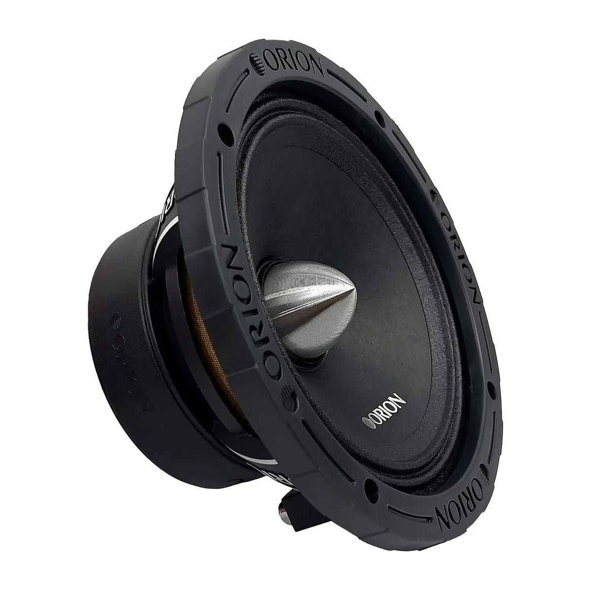 Angled view of the Orion XTX658 6.5-inch 8-ohm midrange speaker, showcasing its deep black cone and brushed silver bullet phase plug. The thick rubber surround features the raised ORION branding, and the cast aluminum basket provides visible structural support. Copper voice coil windings and a vented backplate are partially visible, emphasizing its high-performance design. Displayed against a white backdrop, ideal for LibertyBassShop.com’s product gallery.