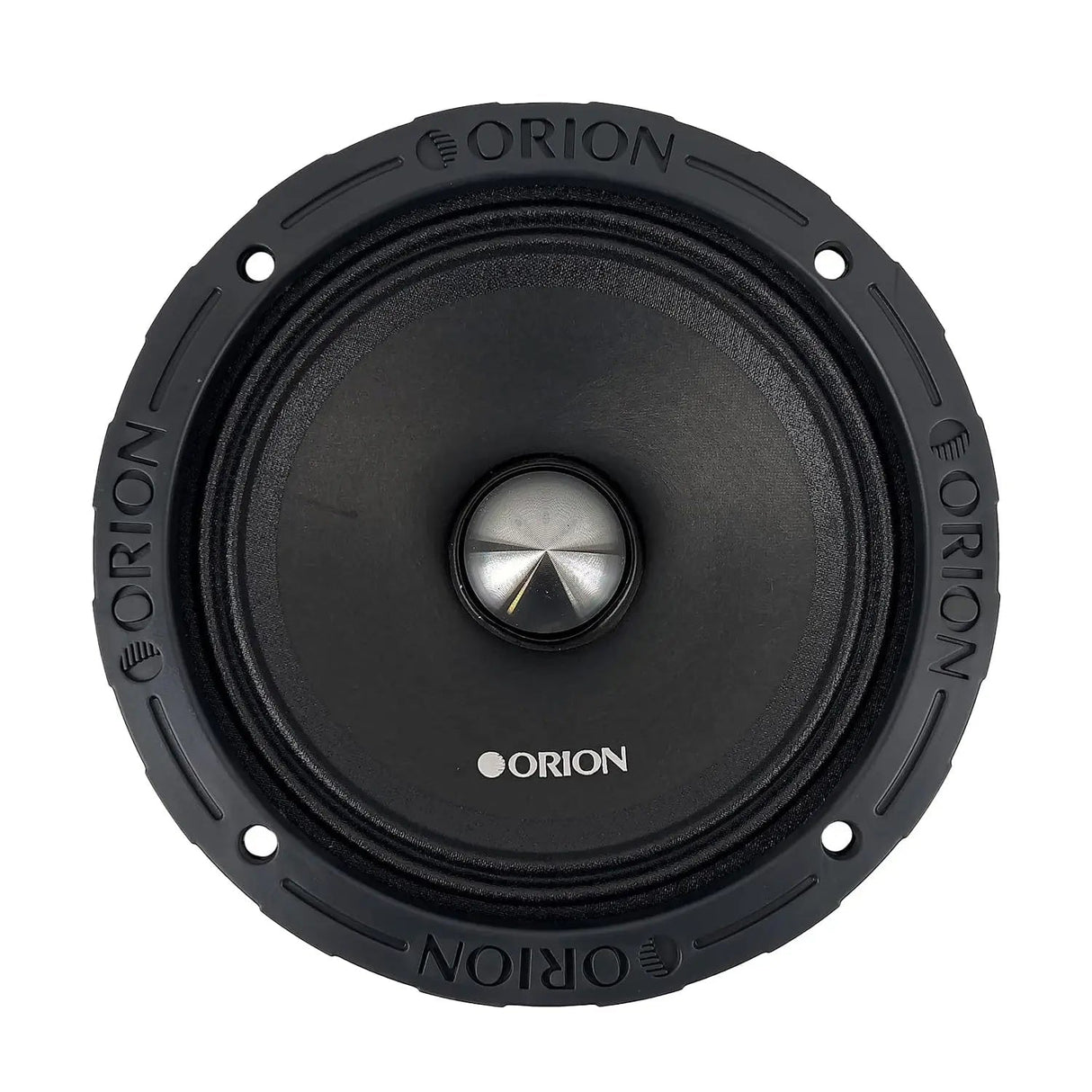 Front-facing view of the Orion XTX658 6.5-inch 8-ohm midrange speaker. The image highlights the sleek black cone with a metallic bullet phase plug at the center, surrounded by a robust rubber edge embossed with the ORION logo. The symmetrical design emphasizes clarity and power, ideal for pro audio setups. Shot on a white background, perfect for detailed product presentation on LibertyBassShop.com.