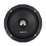Front-facing view of the Orion XTX658 6.5-inch 8-ohm midrange speaker. The image highlights the sleek black cone with a metallic bullet phase plug at the center, surrounded by a robust rubber edge embossed with the ORION logo. The symmetrical design emphasizes clarity and power, ideal for pro audio setups. Shot on a white background, perfect for detailed product presentation on LibertyBassShop.com.