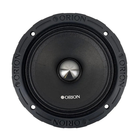 Front-facing view of the Orion XTX658 6.5-inch 8-ohm midrange speaker. The image highlights the sleek black cone with a metallic bullet phase plug at the center, surrounded by a robust rubber edge embossed with the ORION logo. The symmetrical design emphasizes clarity and power, ideal for pro audio setups. Shot on a white background, perfect for detailed product presentation on LibertyBassShop.com.