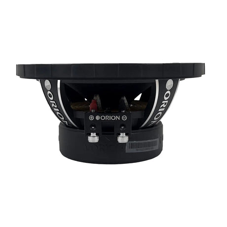 Side profile of the Orion XTX658 6.5-inch 8-ohm midrange speaker, displaying its rugged cast aluminum basket, large ferrite magnet, and vented motor structure. The black cone and silver bullet phase plug are partially visible from the angle, emphasizing the speaker’s depth and durable construction. Ideal for showcasing the speaker’s build quality and power-handling capabilities on LibertyBassShop.com.